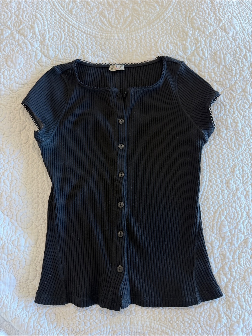 Free People Black Ribbed Button-Front Cap Sleeve Top